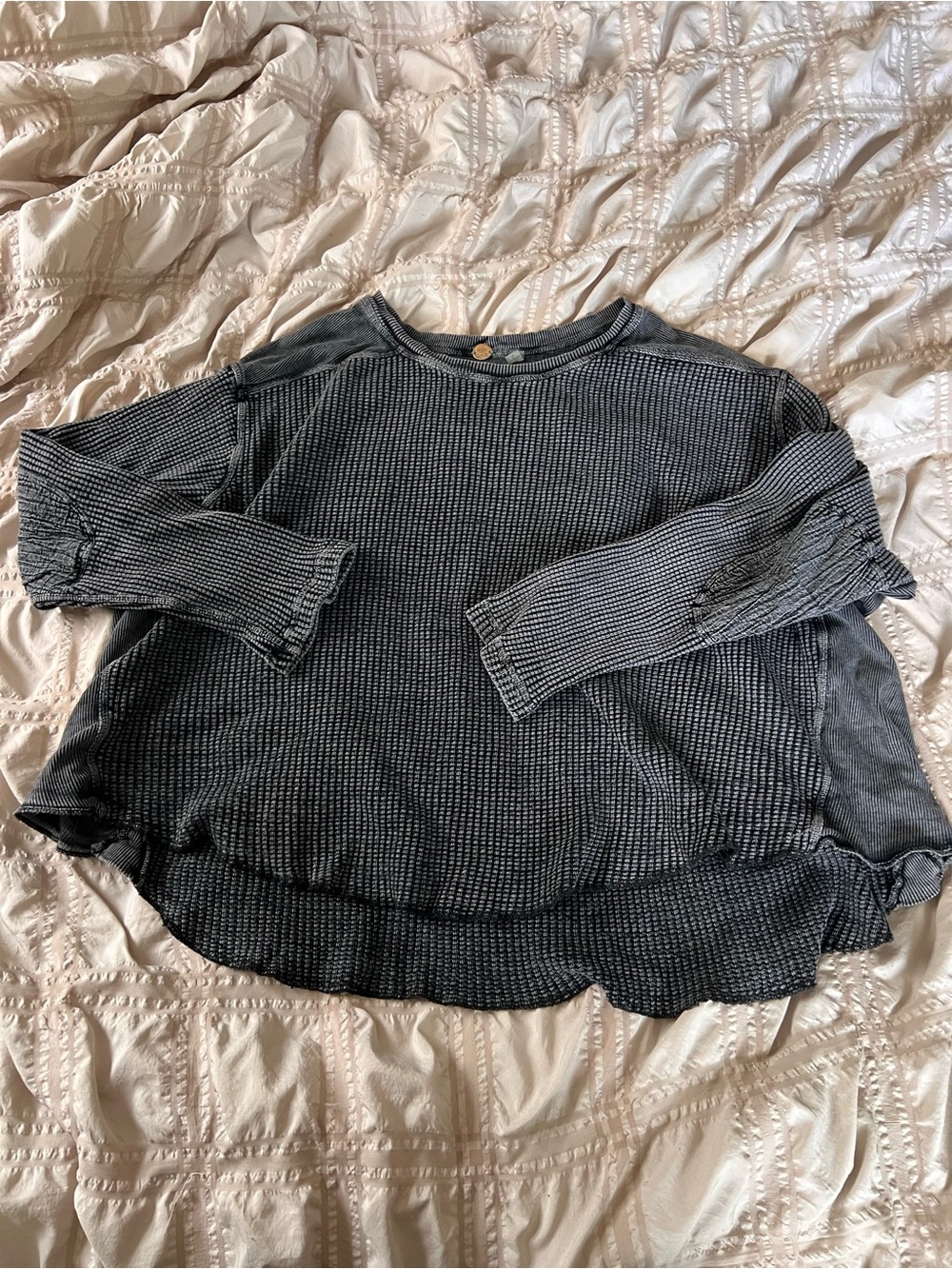 Free People Washed Black Waffle Knit Long Sleeve Top